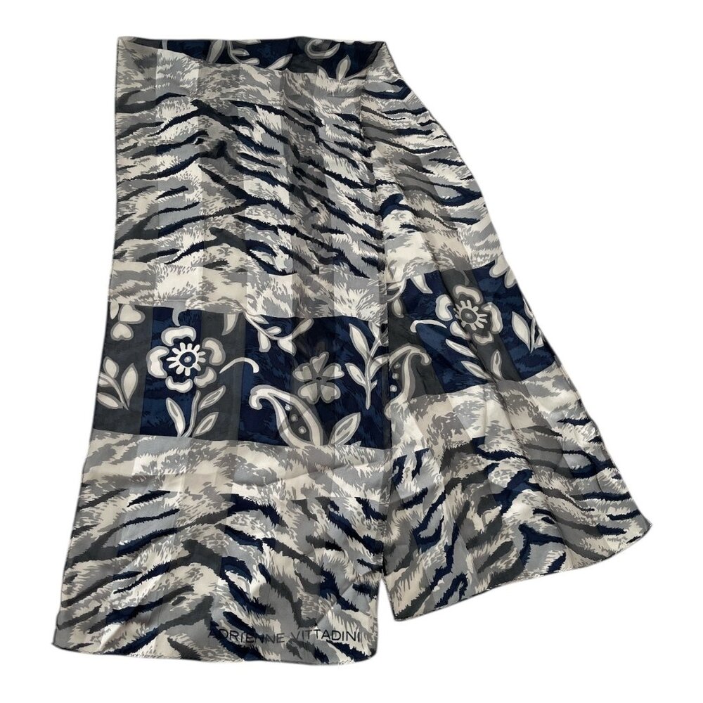 Adrienne Vittadini Sheer Silk Scarf Gray Navy Floral Abstract Print Vintage